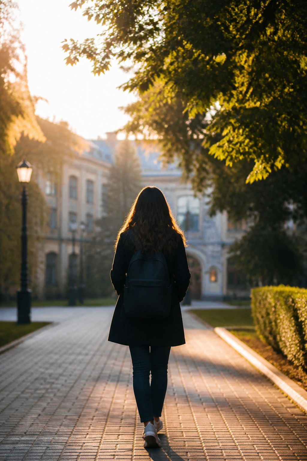 Anonymous young woman seen from behind on a quiet university walkway at sunrise
